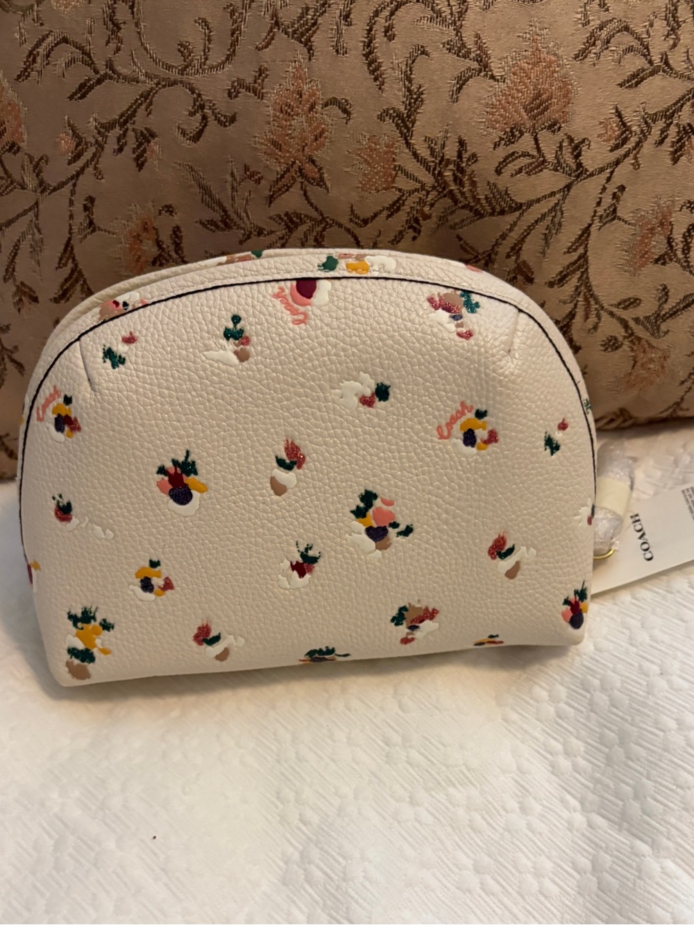 Coach Chalk Pebble Leather Floral Cosmetic Pouch with Gold Accent